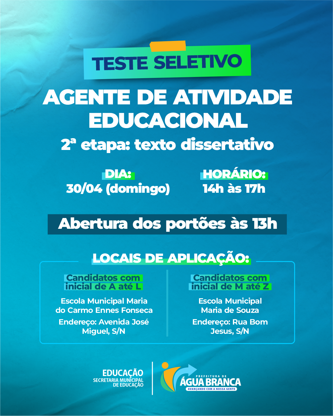 Segunda etapa do Teste Seletivo para Agente de Atividade Educacional de Água Branca acontece no próximo domingo (30)