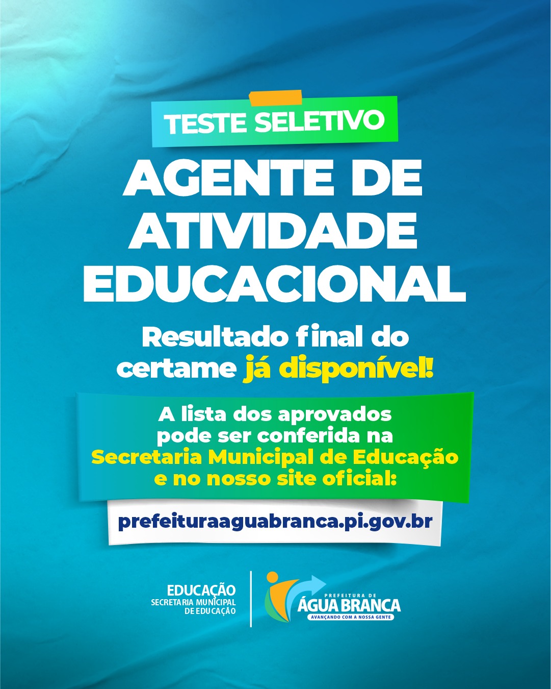 Prefeitura de Água Branca divulga resultado final do teste seletivo para agente de atividade educacional