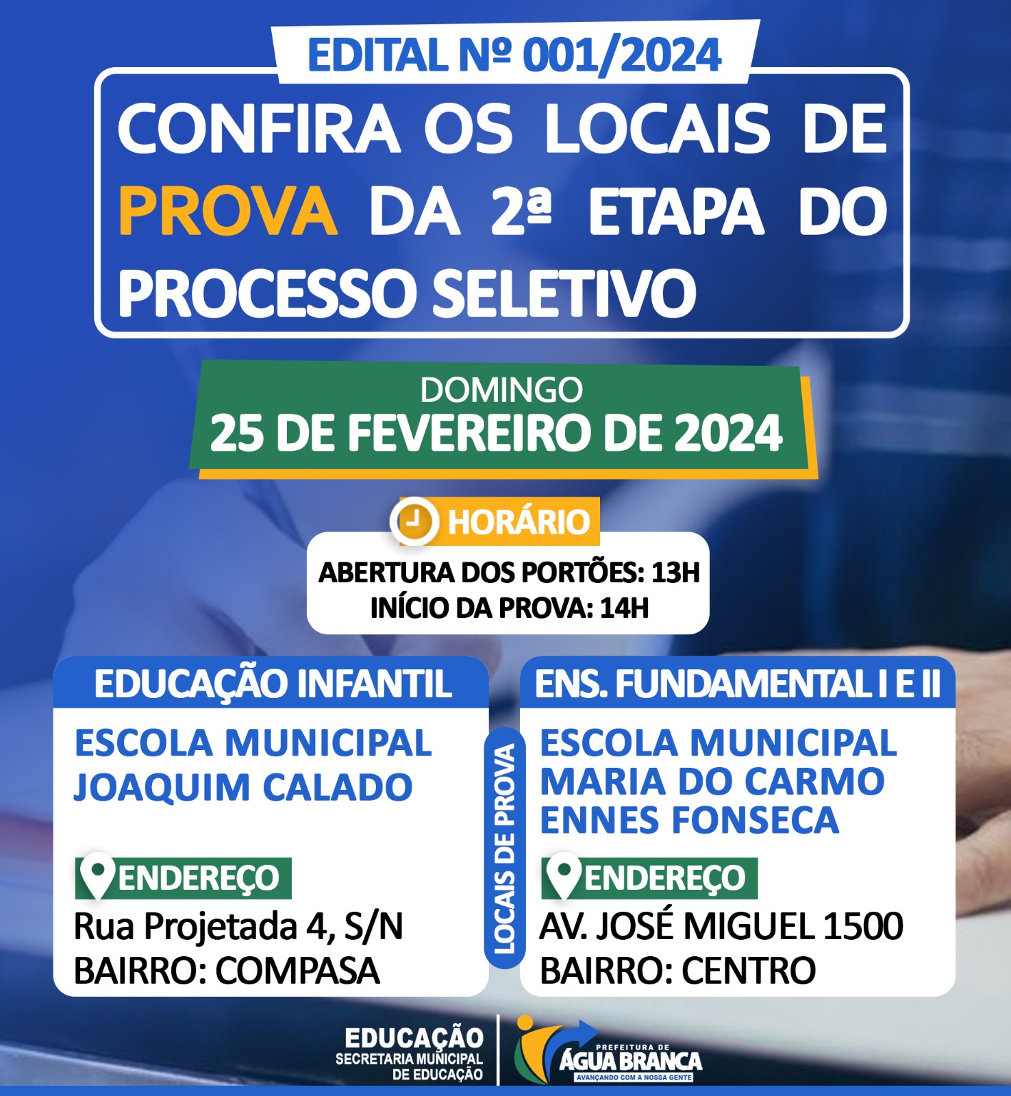Prefeitura de Água Branca divulga locais de provas da 2ª etapa de processo seletivo