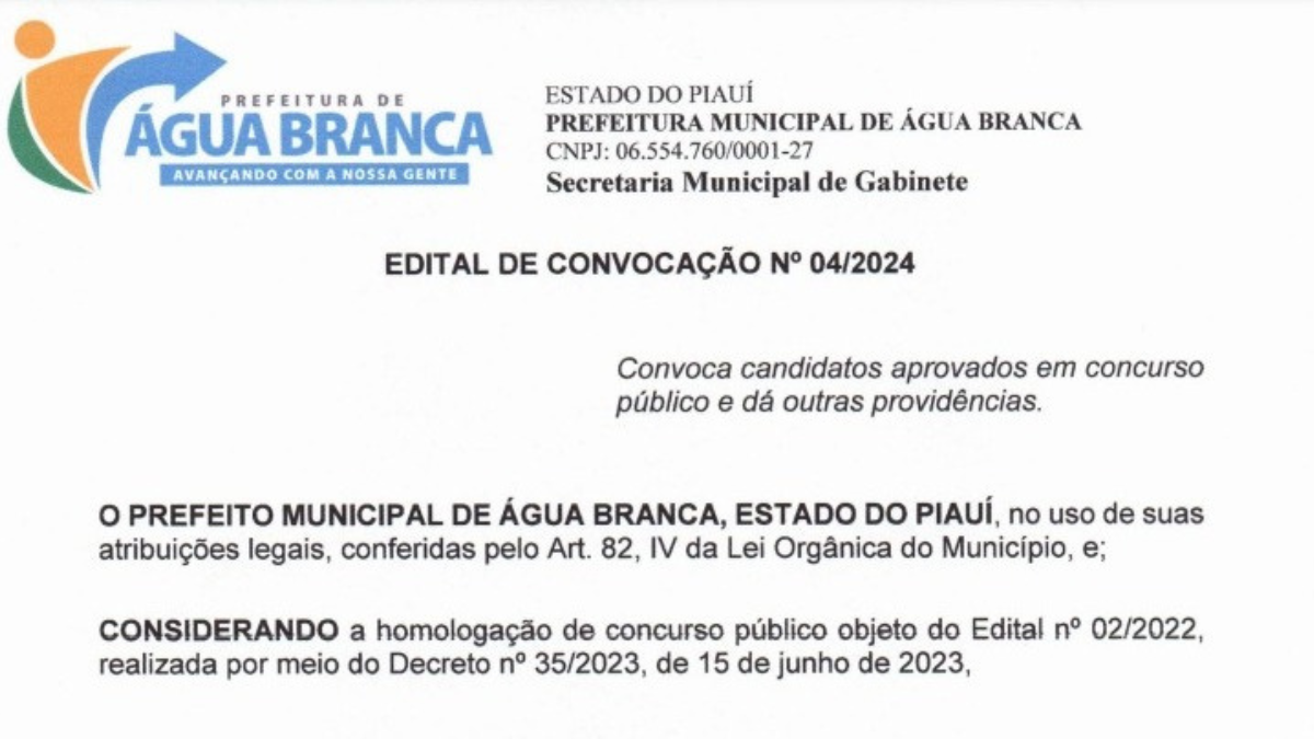 Prefeitura de Água Branca convoca 37 novos concursados