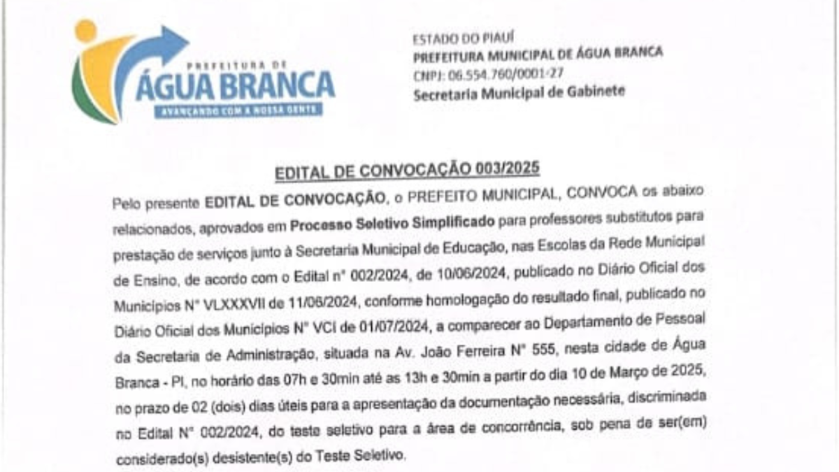 Prefeitura de Água Branca convoca sete aprovados em processo seletivo para professores